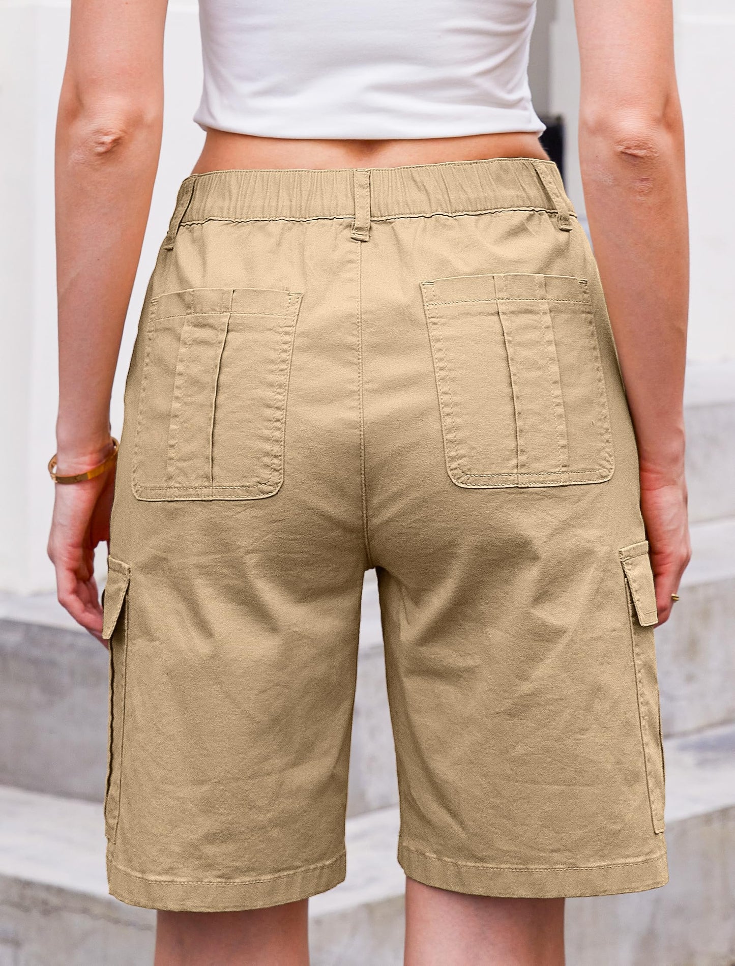 Women High Waisted Bermuda Cargo Shorts - 6 Pockets Stretchy Knee Length Summer Shorts