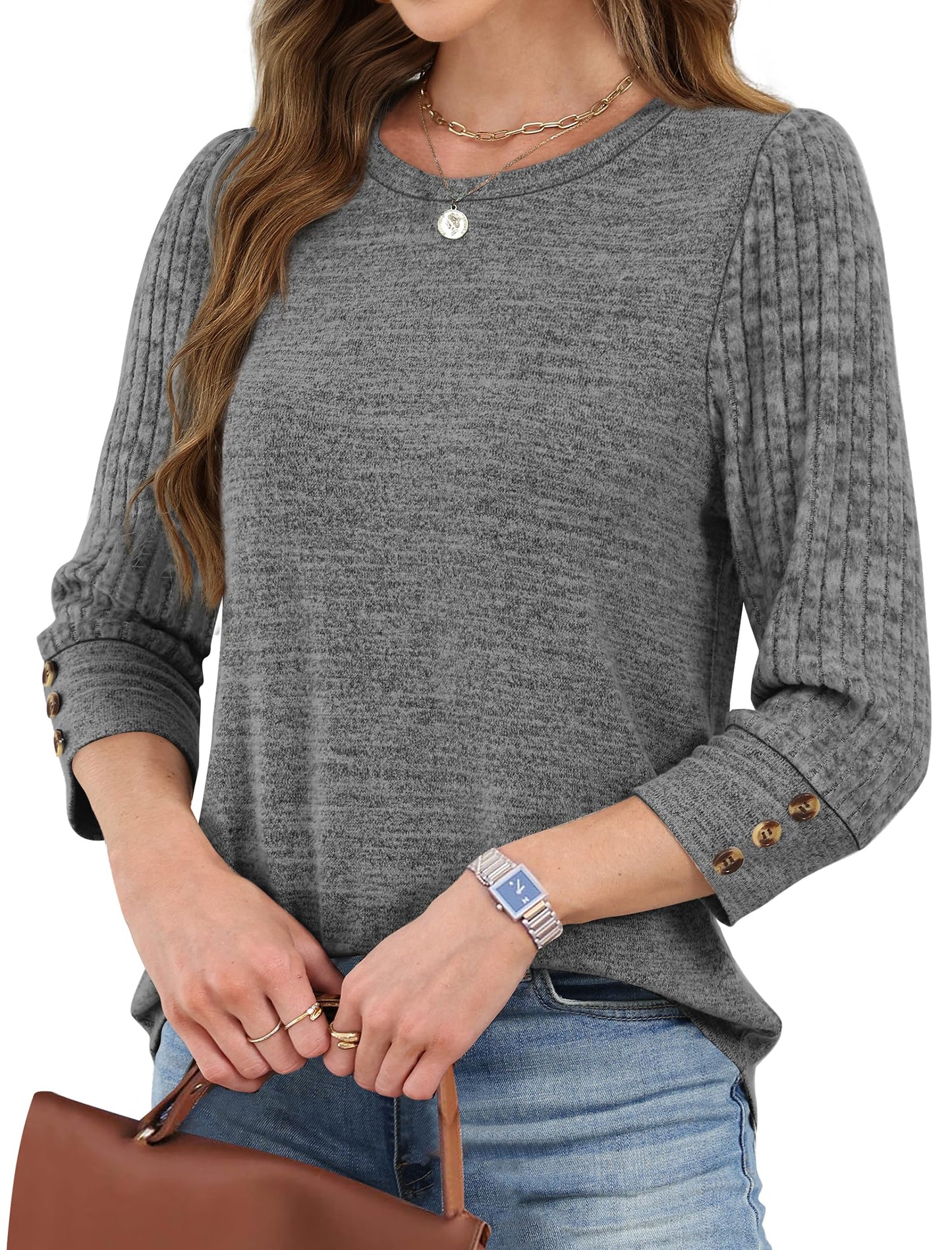 Women's Long Sleeve Shirts - Lightweight 3/4 Sleeve Sweaters with Buttons