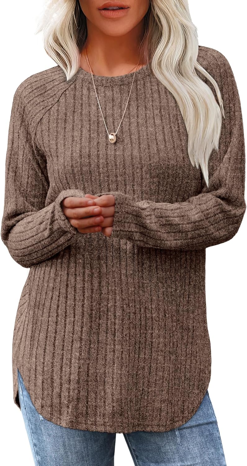 Women's Long Sleeve Tunic Tops - Loose Fit Crewneck Pullover with Curved Hem Coffee