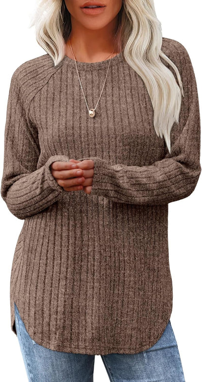 Long Sleeve Tunic Top for Women - Loose Fit Pullover with Curved Hem Coffee