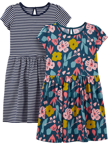 Girls Dress Set 2-Pack - Short Sleeve and Sleeveless Dresses Indigo Floral White Stripe