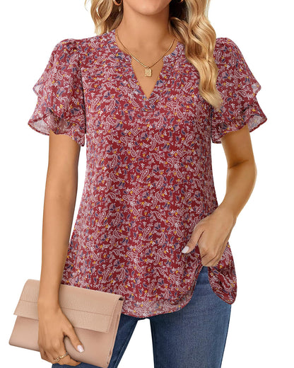 Polyester Blouses - Women's Chiffon Blouse V-Neck Puff Sleeve Summer Top for Work and Casual Wear