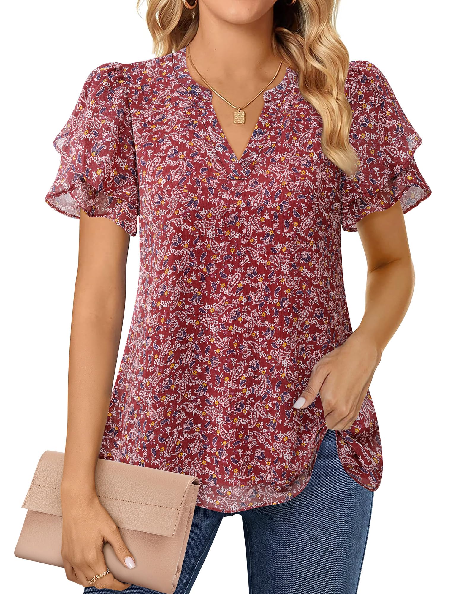 Polyester Blouses - Women's Chiffon Blouse V-Neck Puff Sleeve Summer Top for Work and Casual Wear