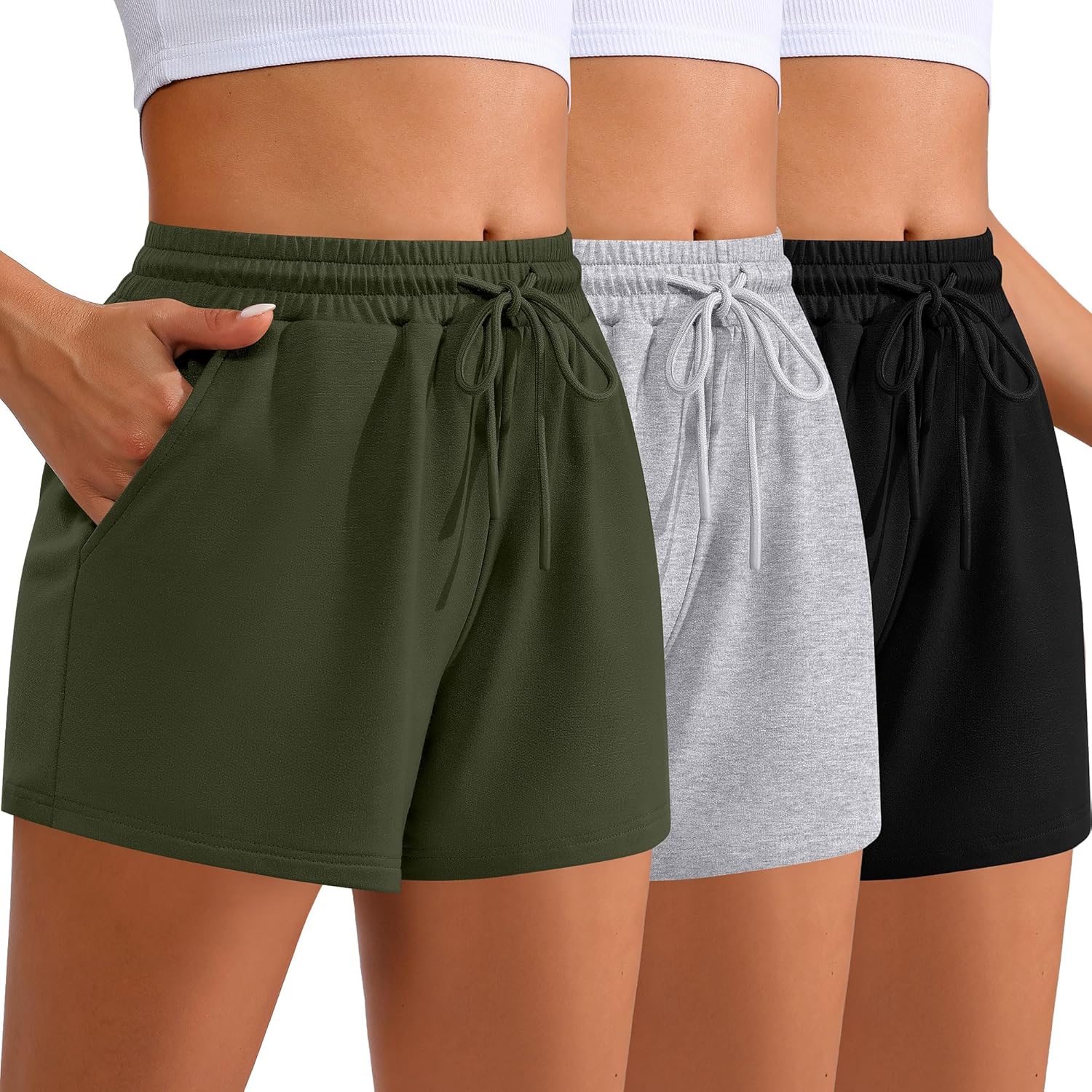 Women Sweat Shorts 3-Pack - High Waist Athletic Lounge Shorts with Pockets