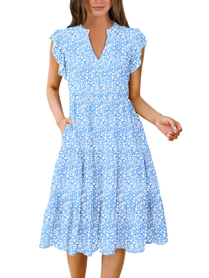 Blue Casual Dresses - Women's Summer Midi Dress - Ruffle Sleeve V-Neck Boho Beach Dress Blue Floral