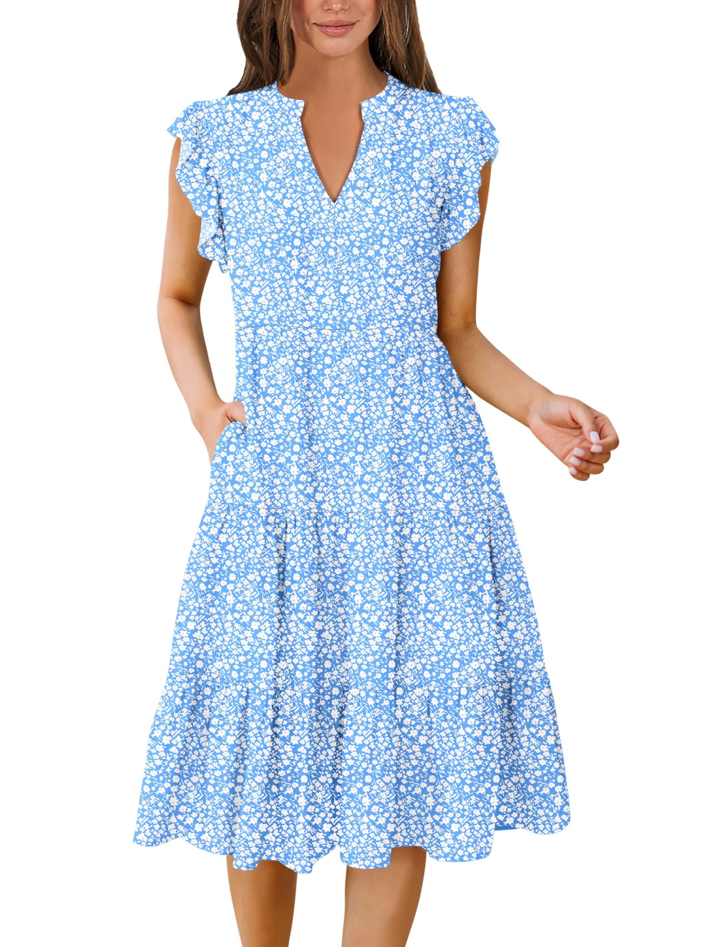 Blue Casual Dresses - Women's Summer Midi Dress - Ruffle Sleeve V-Neck Boho Beach Dress Blue Floral