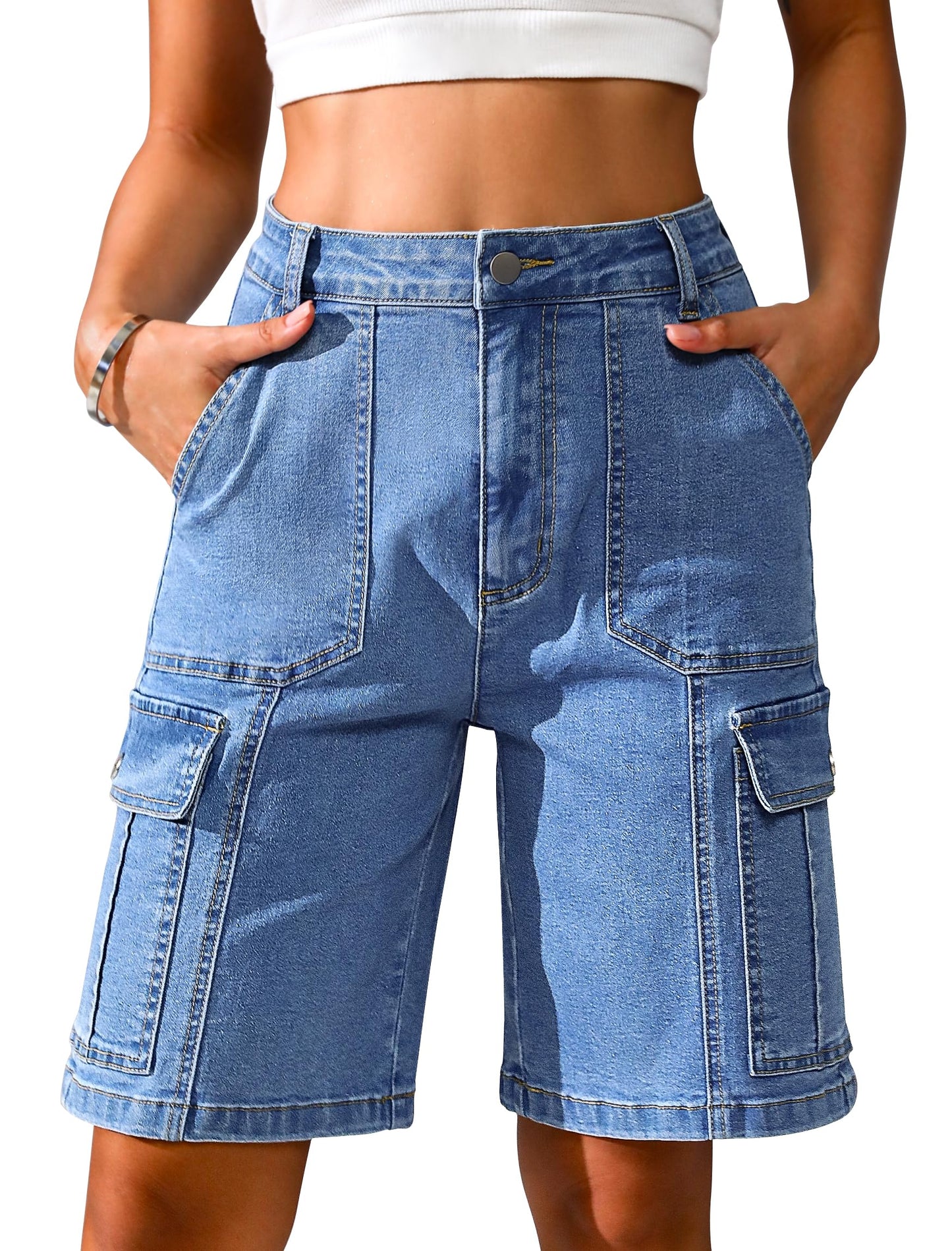 Women High Waisted Bermuda Cargo Shorts - 6 Pockets Stretchy Knee Length Summer Shorts