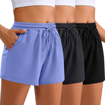 Women Sweat Shorts 3-Pack - High Waist Athletic Lounge Shorts with Pockets Black, Gray, Blue Purple