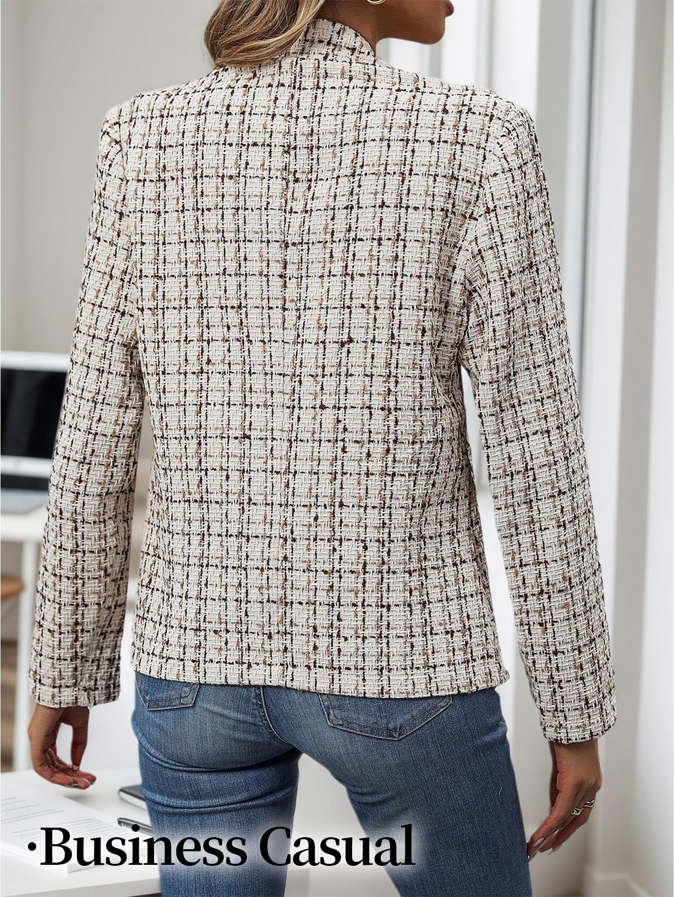 Women's Tweed Blazer Jacket - Open Front Stand Collar Professional Work Coat