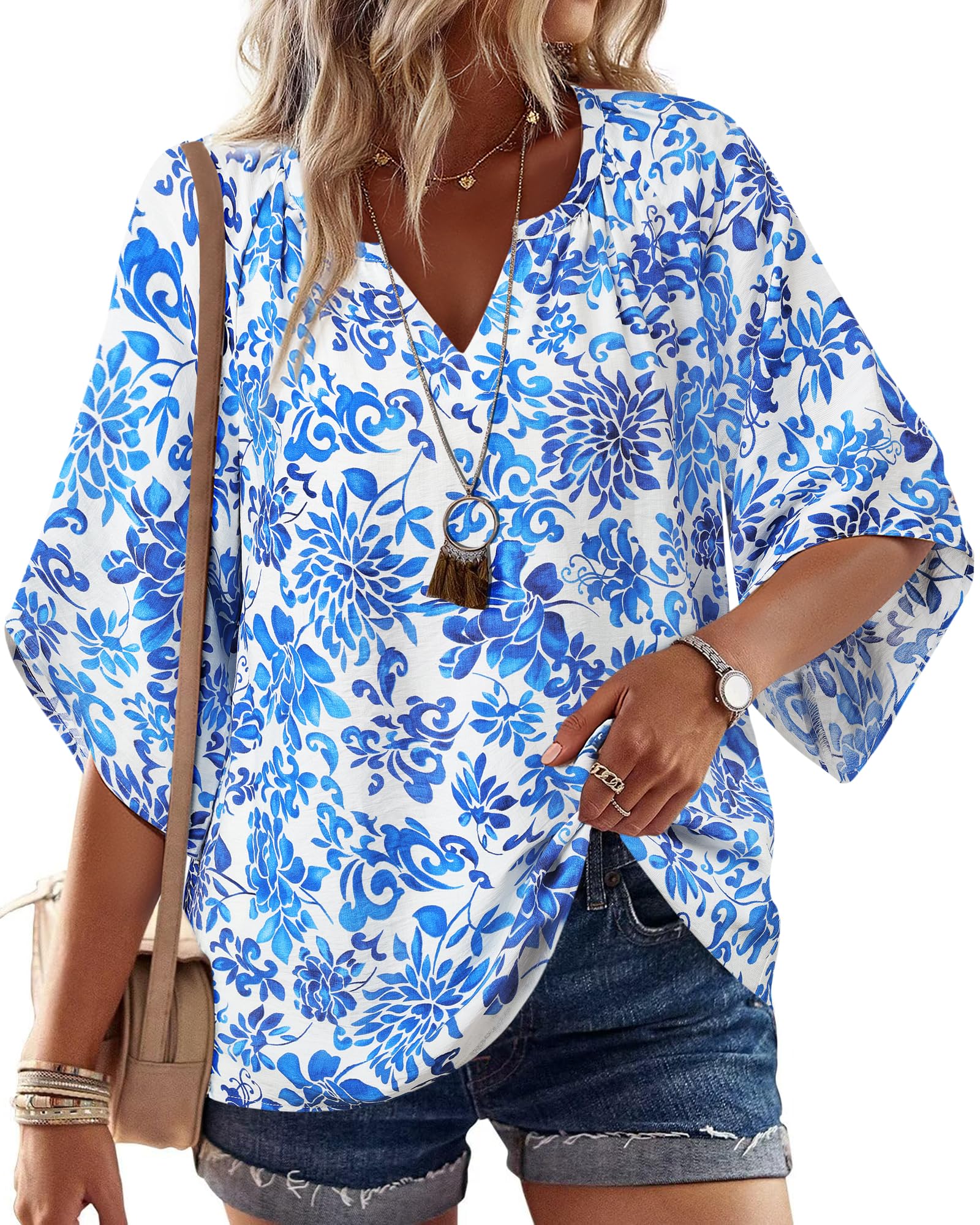 Big & Tall Clothing - Women's 3/4 Sleeve V-Neck Bohemian Peasant Blouse Loose Fit Tunic Top