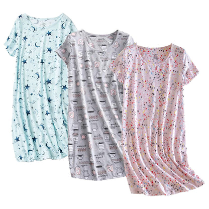 PNAEONG 3 Pack Women's Cotton Nightgown Sleepwear Short Sleeves Shirt Casual Print Sleepdress