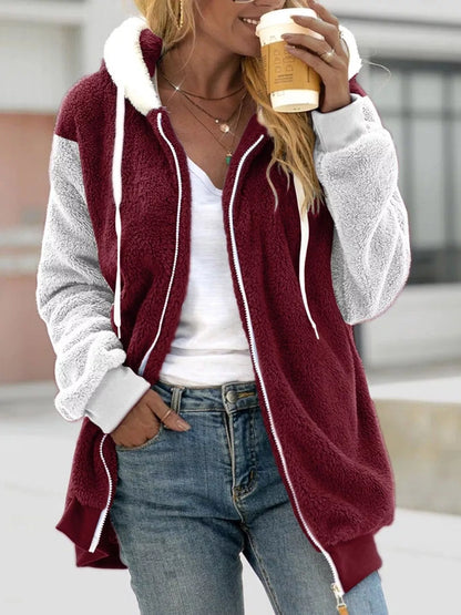 Full Size Fleece Zip-Up Hooded Outerwear Plus Size Red