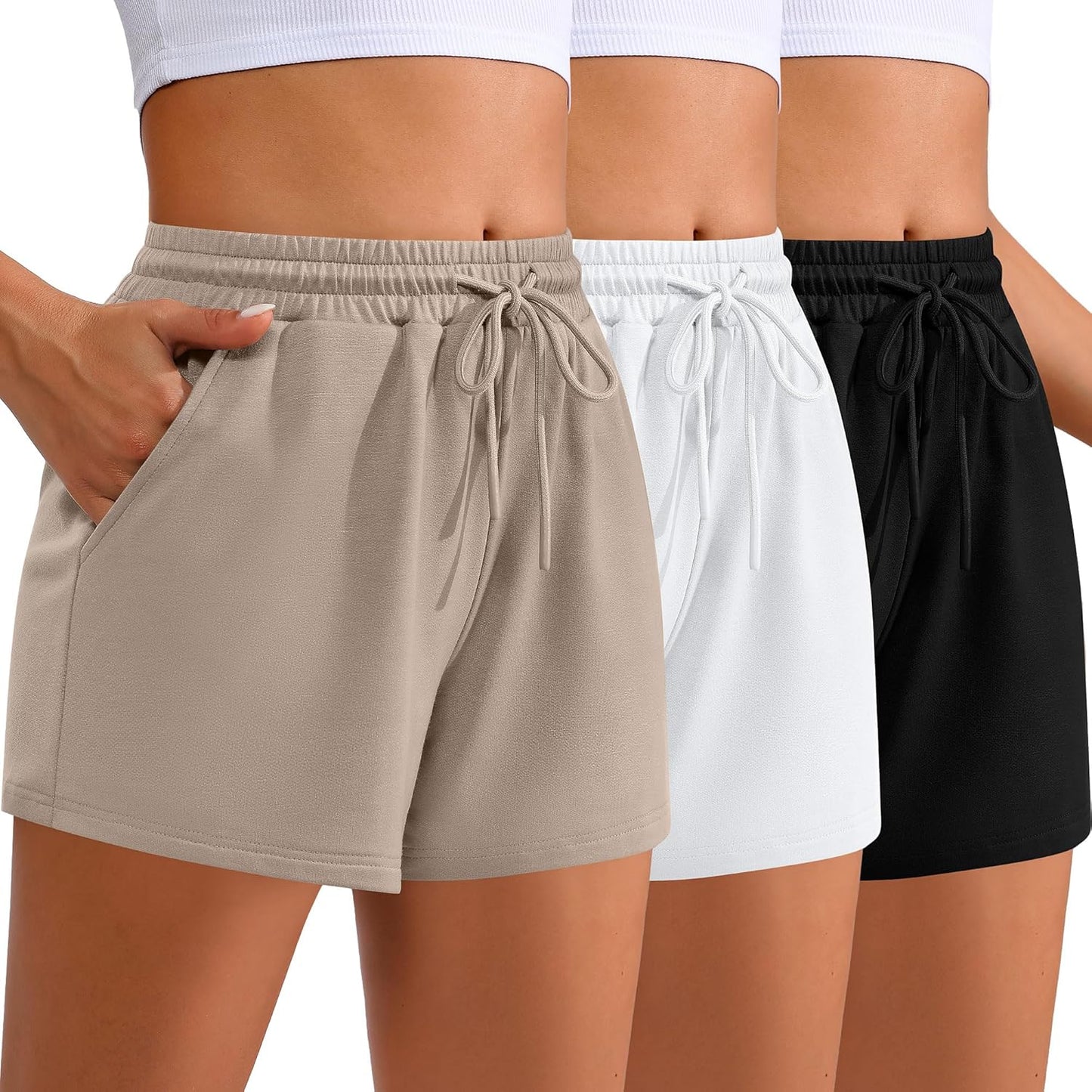 Women Sweat Shorts 3-Pack - High Waist Athletic Lounge Shorts with Pockets