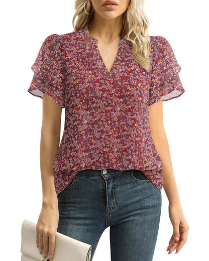 Polyester Blouses - Women's Chiffon Blouse V-Neck Puff Sleeve Summer Top for Work and Casual Wear