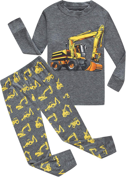 Boys Cotton Pajamas 2 Piece Set Kids Toddler Sleepwear PJs Grey Excavator1