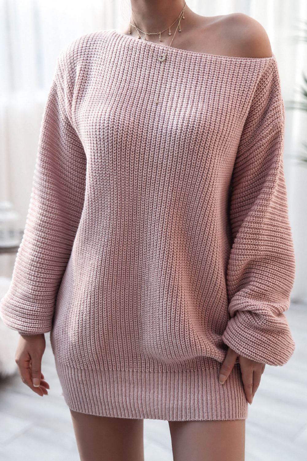 Boat Neck Long Sleeve Mini Sweater Dress Blush Pink