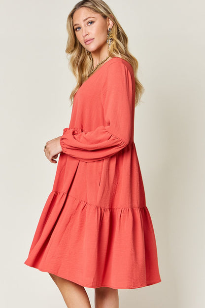 V-Neck Balloon Sleeve Tiered Boho Midi Dress