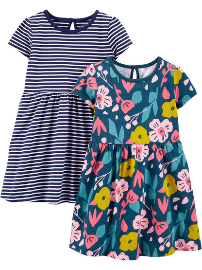 Girls Dress Set 2-Pack - Short Sleeve and Sleeveless Dresses Navy Floral Print White Stripe