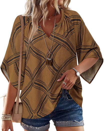 Big & Tall Clothing - Women's 3/4 Sleeve V-Neck Bohemian Peasant Blouse Loose Fit Tunic Top Diamond Brown
