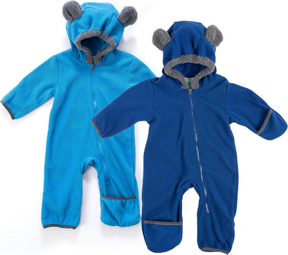 Fleece Baby Bunting with Hood - Convertible Mittens & Booties for Newborn & Infant Bear - Blue & Navy (2 Pack) 12-18 Months