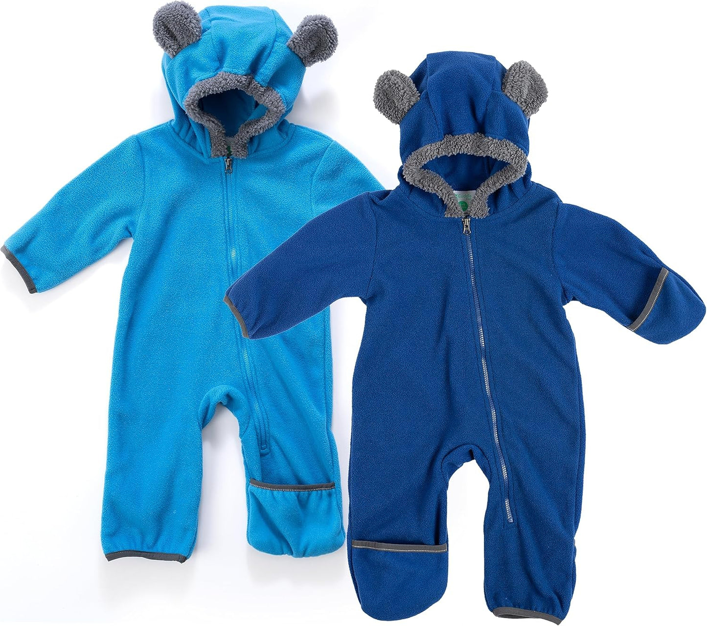 Fleece Baby Bunting with Hood - Convertible Mittens & Booties for Newborn & Infant Bear - Blue & Navy (2 Pack) 12-18 Months