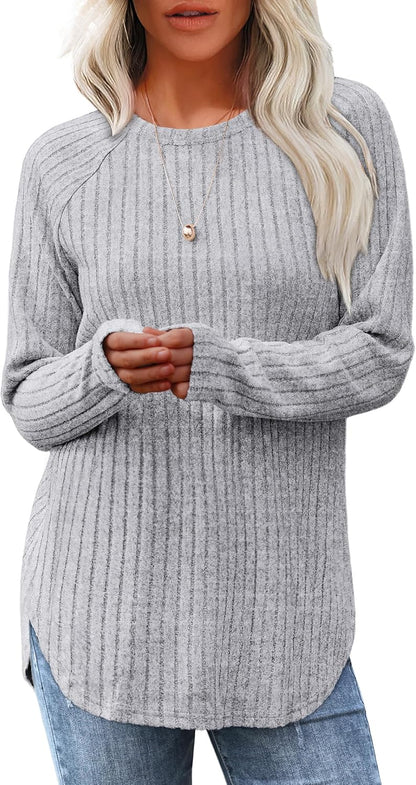 Long Sleeve Tunic Top for Women - Loose Fit Pullover with Curved Hem Light Grey