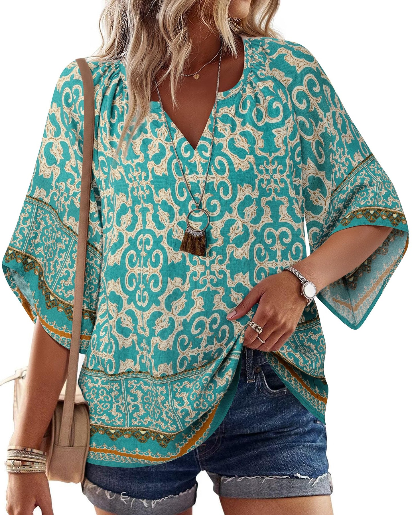 Big & Tall Clothing - Women's 3/4 Sleeve V-Neck Bohemian Peasant Blouse Loose Fit Tunic Top Multi Blue