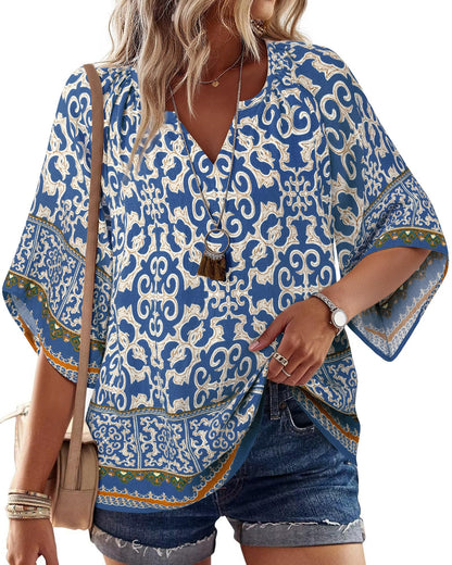 Big & Tall Clothing - Women's 3/4 Sleeve V-Neck Bohemian Peasant Blouse Loose Fit Tunic Top