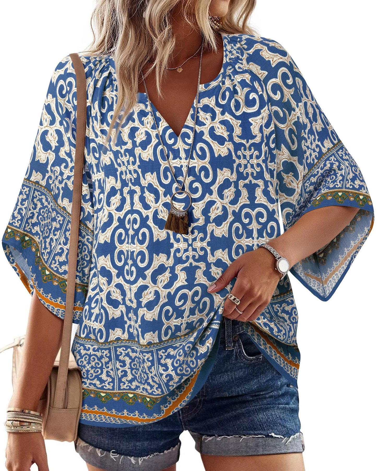 Big & Tall Clothing - Women's 3/4 Sleeve V-Neck Bohemian Peasant Blouse Loose Fit Tunic Top Retro Blue