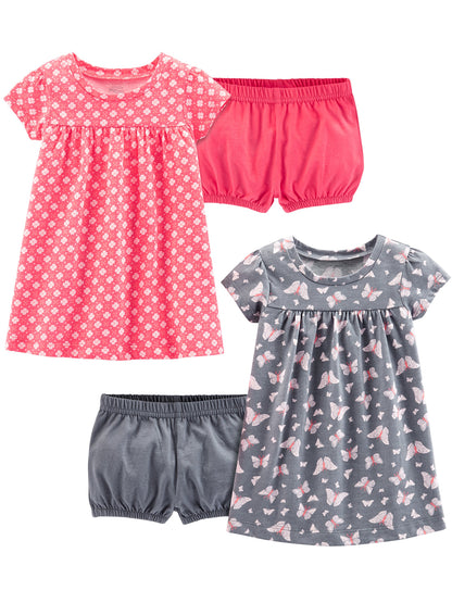 Girls Dress Set 2-Pack - Short Sleeve and Sleeveless Dresses Grey Butterflies Pink Floral