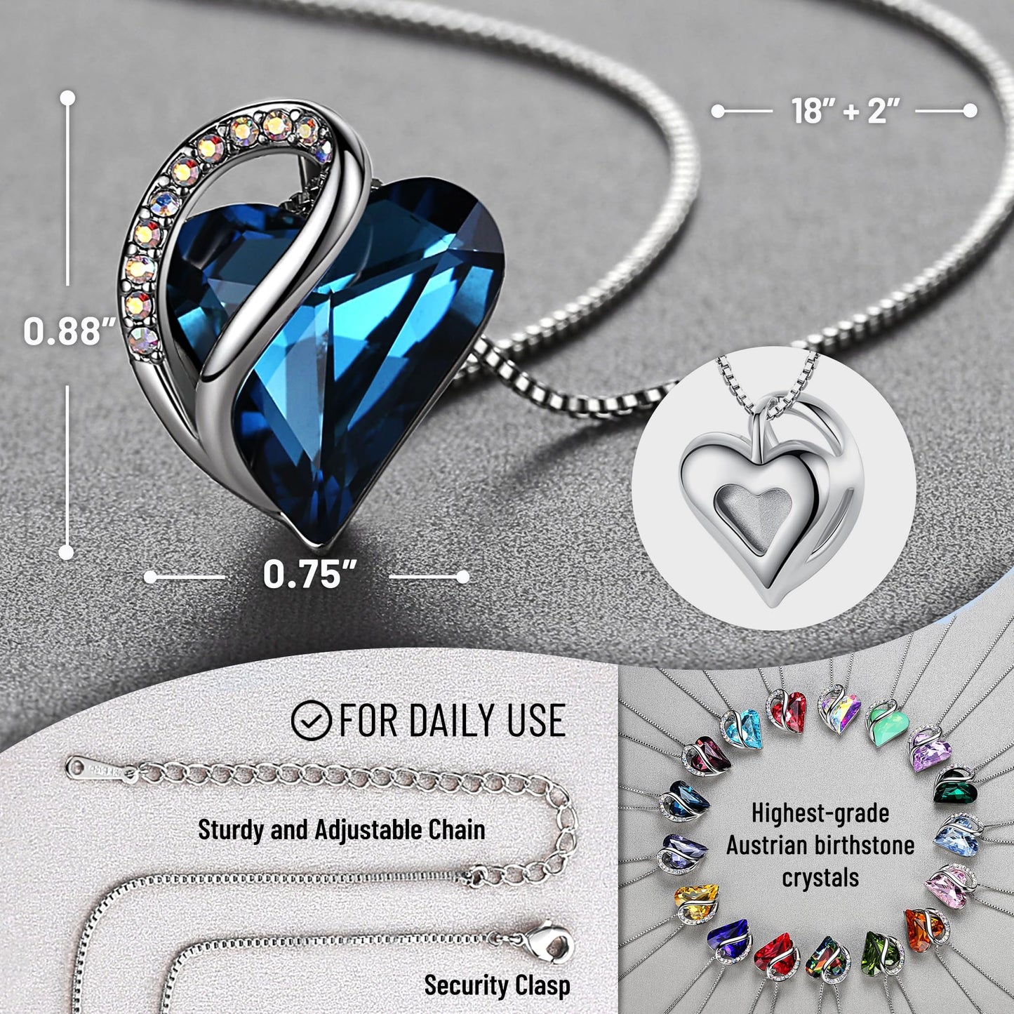 Infinity Love Birthstone Heart Necklace - 18K White Gold Plated Crystal Pendant Gift for Women