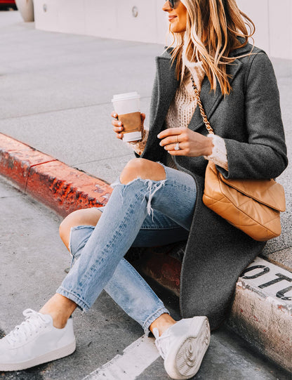 Wool Blend Pea Coat - Double Breasted Mid Length Trench Coat for Women