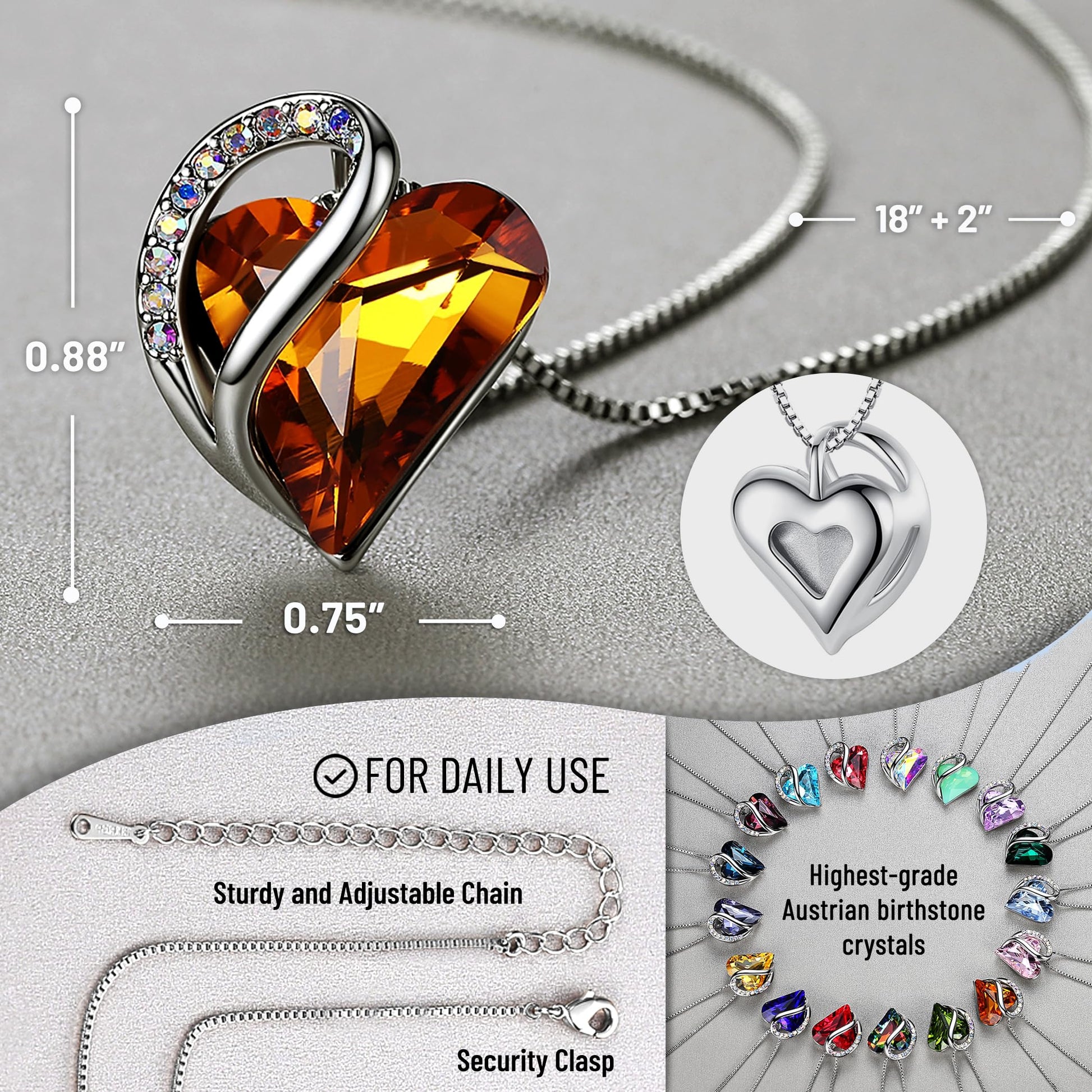 Infinity Love Birthstone Heart Necklace - 18K White Gold Plated Crystal Pendant Gift for Women