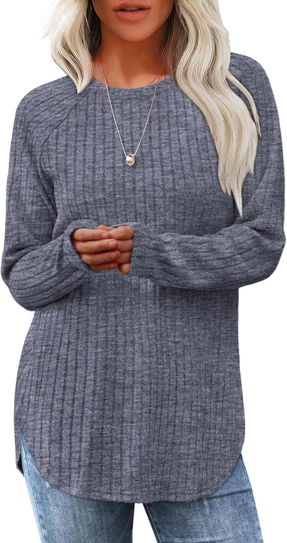 Long Sleeve Tunic Top for Women - Loose Fit Pullover with Curved Hem Medium Grey Blue