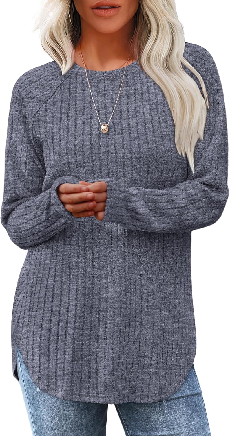 Long Sleeve Tunic Top for Women - Loose Fit Pullover with Curved Hem Medium Grey Blue