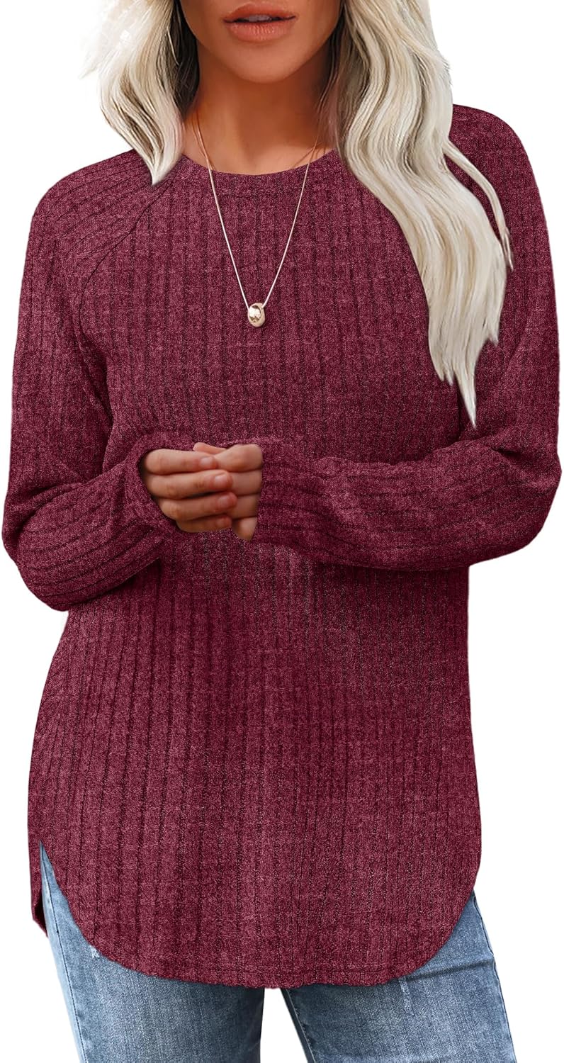 Women's Long Sleeve Tunic Tops - Loose Fit Crewneck Pullover with Curved Hem Fuchsia