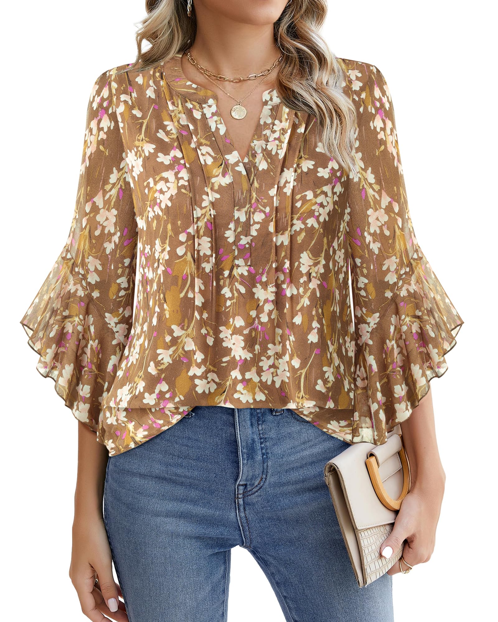 Beautiful Blouses For Ladies - Women's 3/4 Sleeve Chiffon Blouse Dressy Business Casual Work Shirt Brown Floral