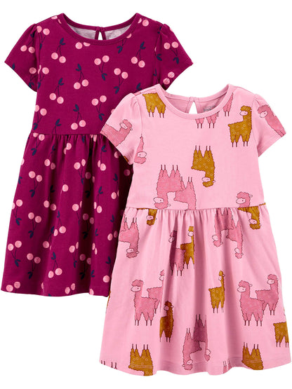 Girls Dress Set 2-Pack - Short Sleeve and Sleeveless Dresses Cherry Llama