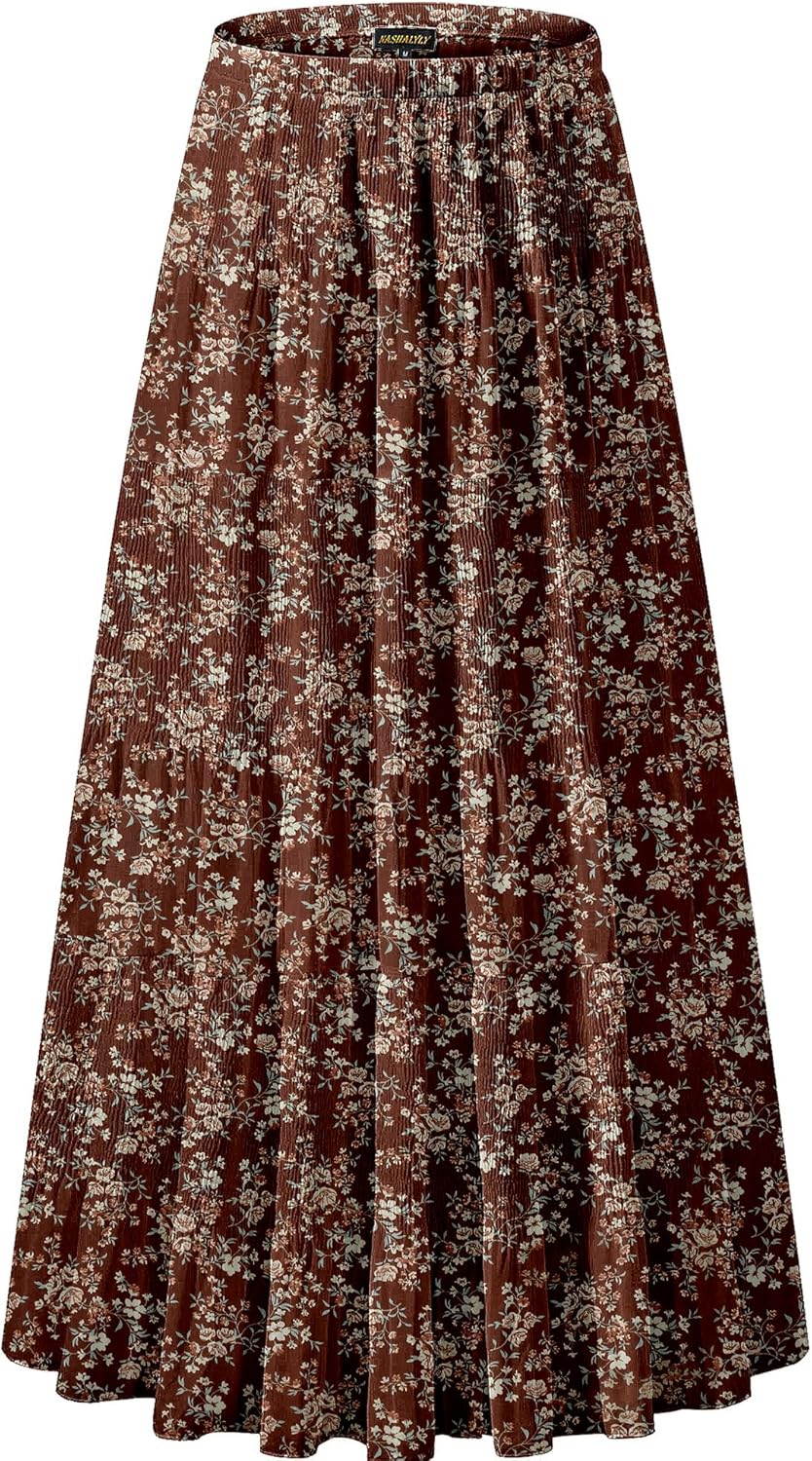Chiffon Maxi Skirt for Women - High Waist Pleated A-Line Flared Long Skirt Brown Floral