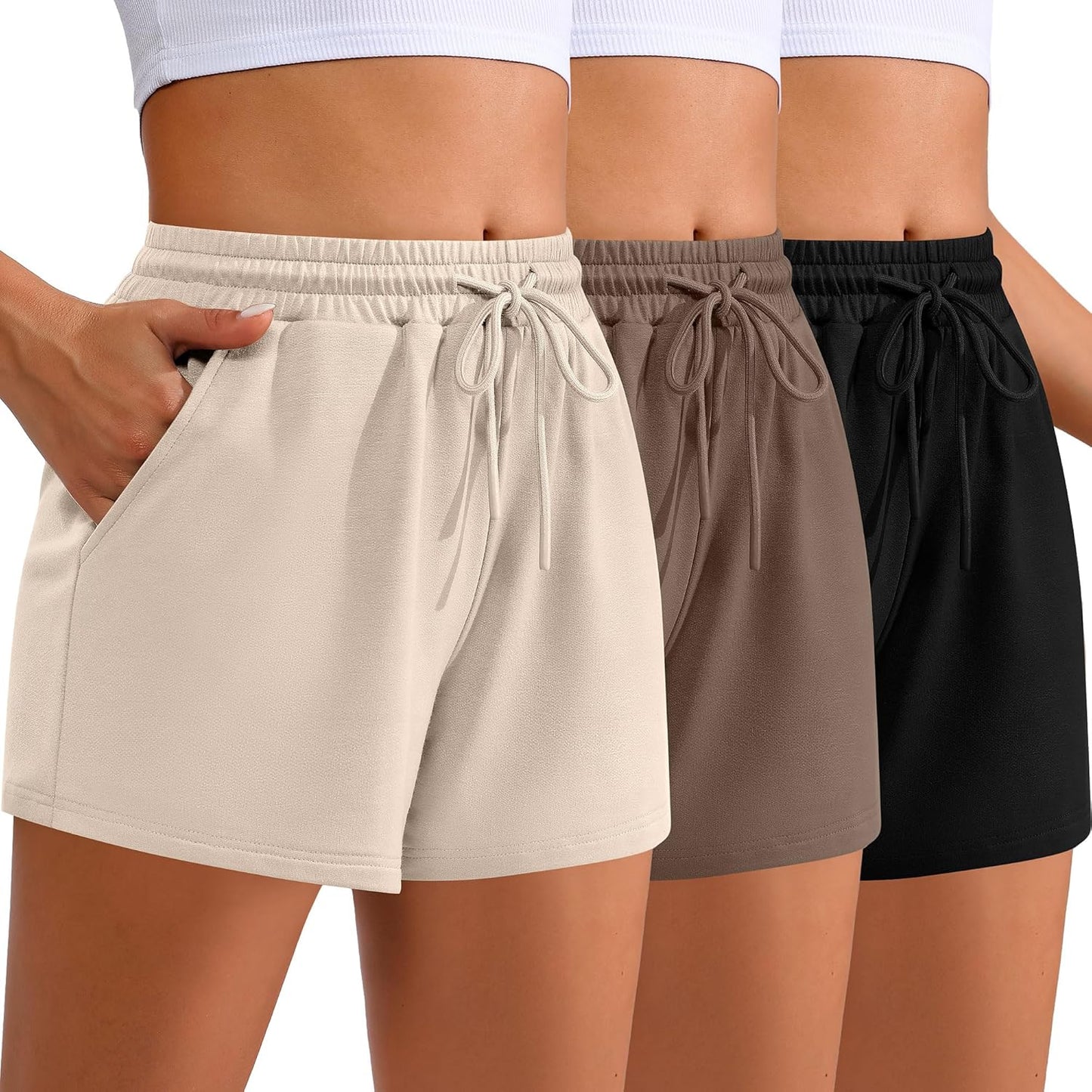 Women Sweat Shorts 3-Pack - High Waist Athletic Lounge Shorts with Pockets Black, Brown, Apricot Large