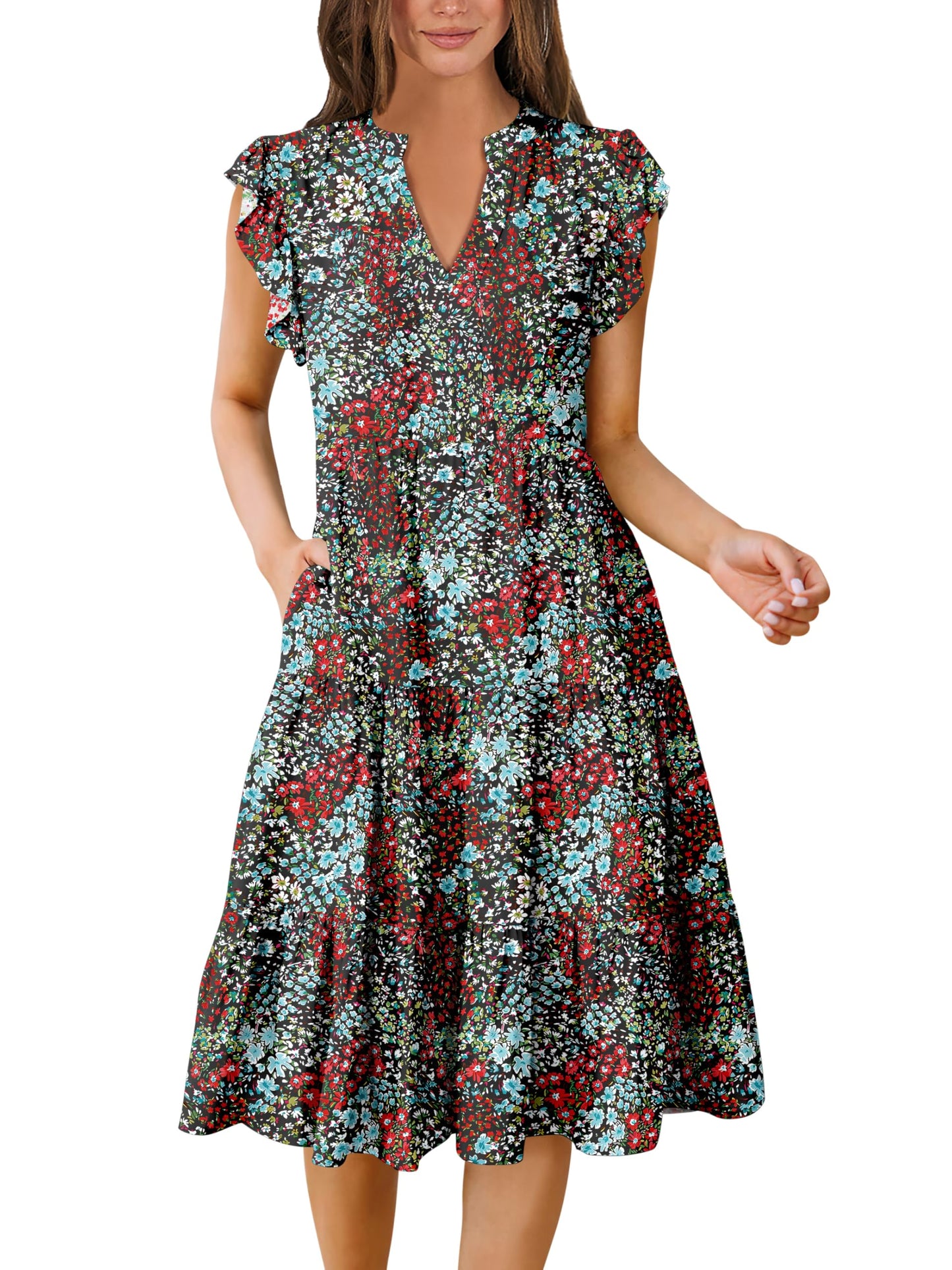 Blue Casual Dresses - Women's Summer Midi Dress - Ruffle Sleeve V-Neck Boho Beach Dress Blue Red Floral