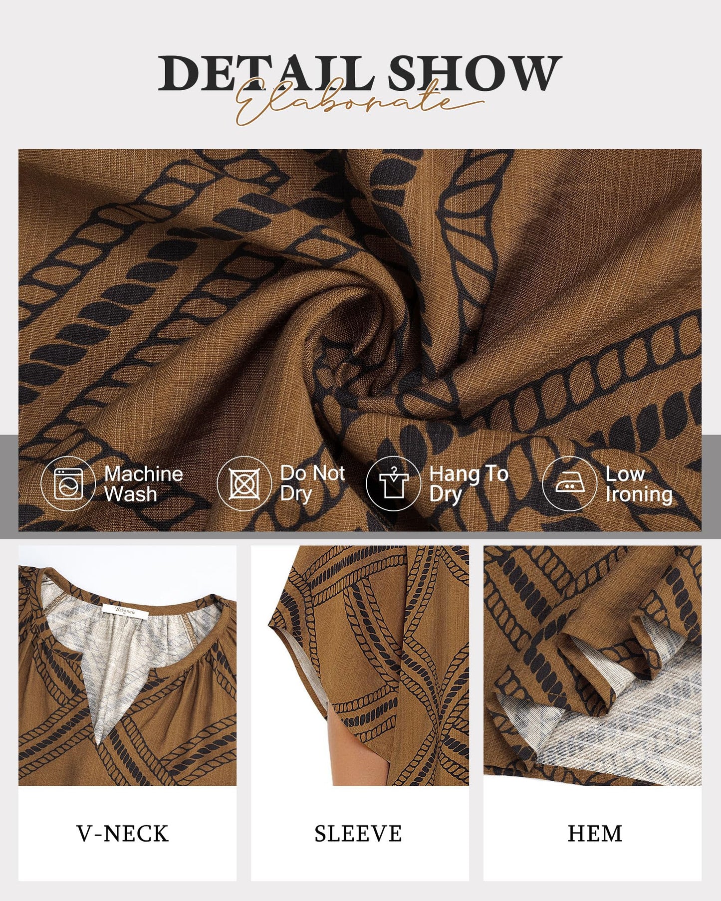 Big & Tall Clothing - Women's 3/4 Sleeve V-Neck Bohemian Peasant Blouse Loose Fit Tunic Top