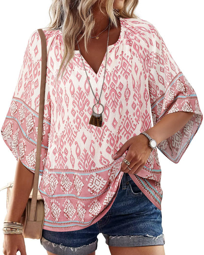 Big & Tall Clothing - Women's 3/4 Sleeve V-Neck Bohemian Peasant Blouse Loose Fit Tunic Top Multi Pink
