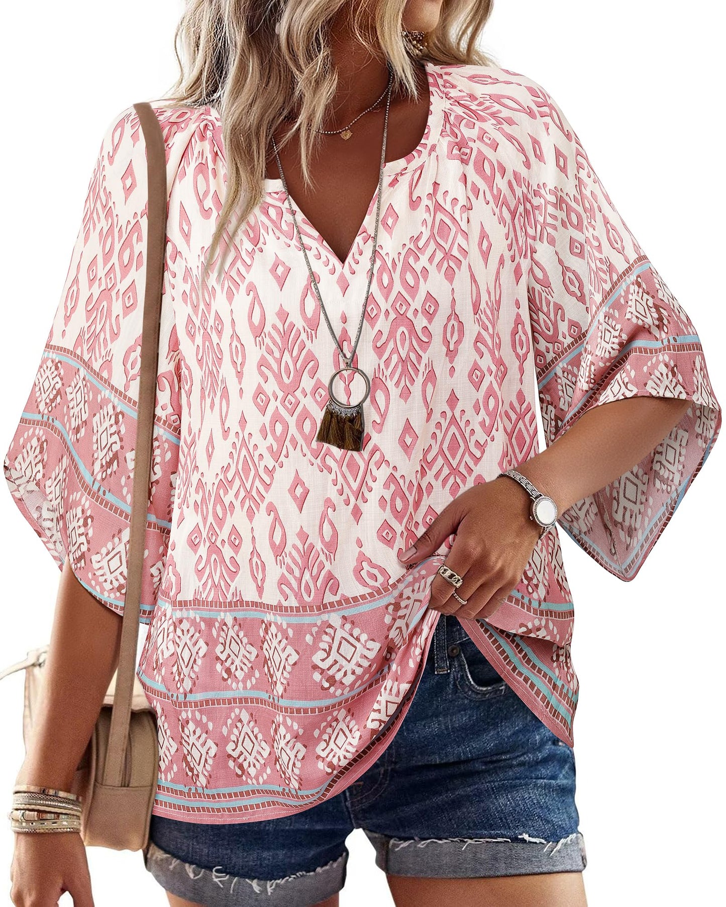 Big & Tall Clothing - Women's 3/4 Sleeve V-Neck Bohemian Peasant Blouse Loose Fit Tunic Top Multi Pink
