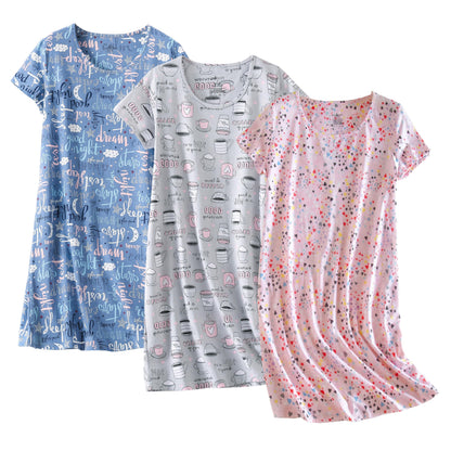 PNAEONG 3 Pack Women's Cotton Nightgown Sleepwear Short Sleeves Shirt Casual Print Sleepdress