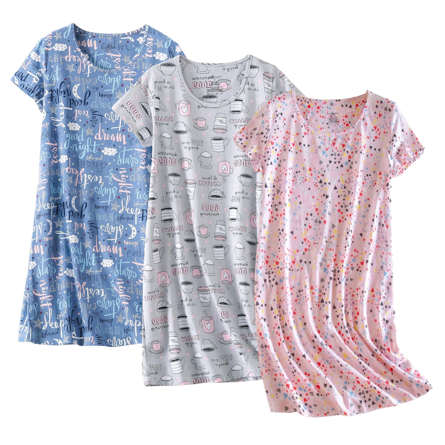 PNAEONG 3 Pack Women's Cotton Nightgown Sleepwear Short Sleeves Shirt Casual Print Sleepdress