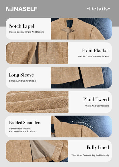 Women's Tweed Blazer Jacket - Open Front Stand Collar Professional Work Coat