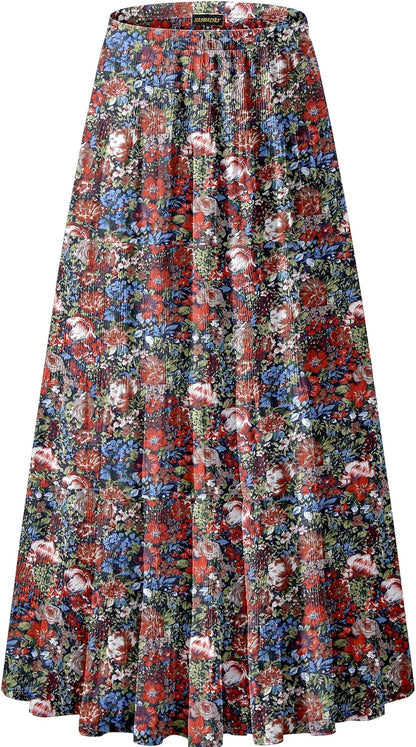 Chiffon Maxi Skirt for Women - High Waist Pleated A-Line Flared Long Skirt Medium Floral1