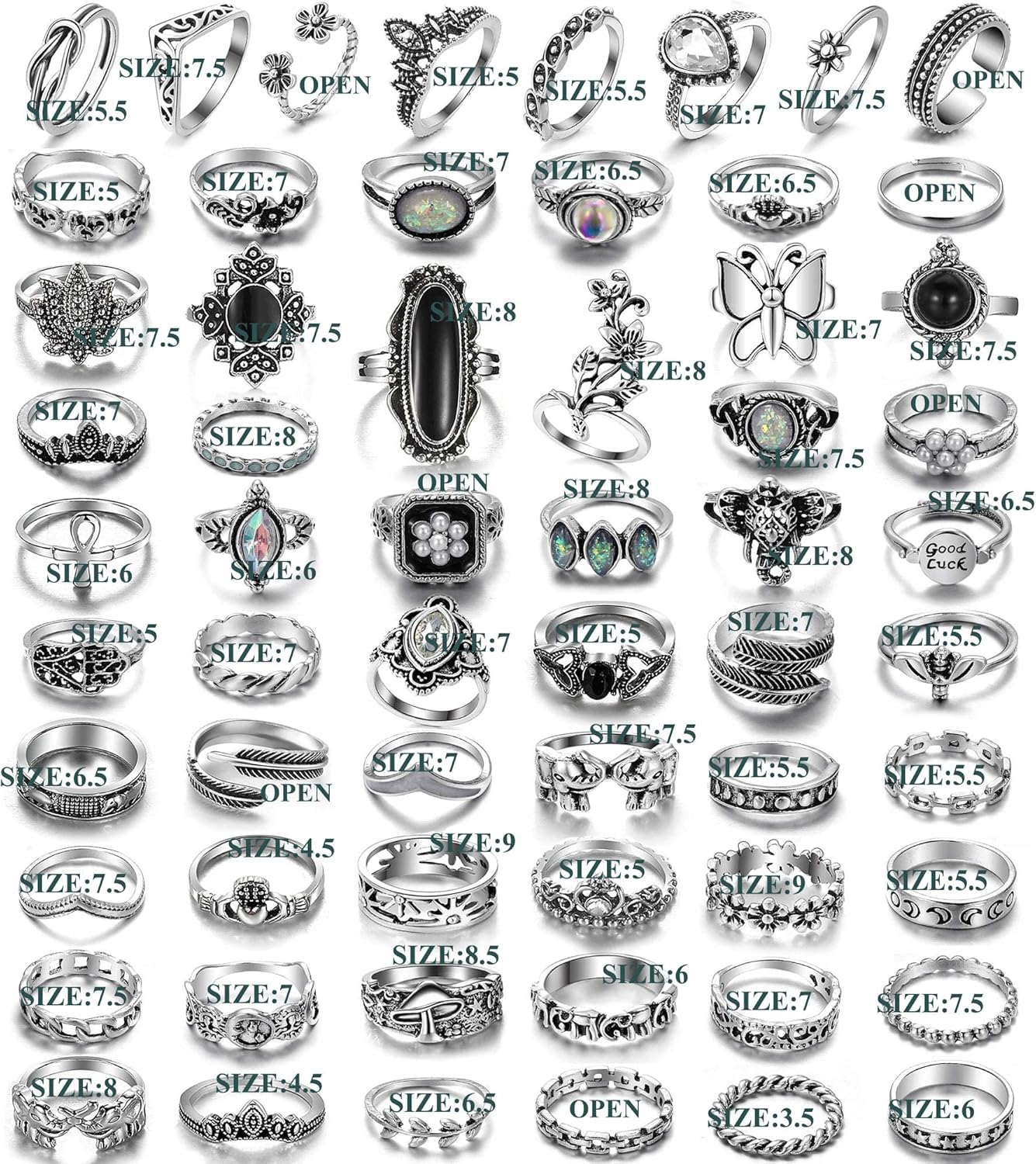 Vintage Silver Knuckle Rings Set 42 Pieces Adjustable Gothic Stackable Rings