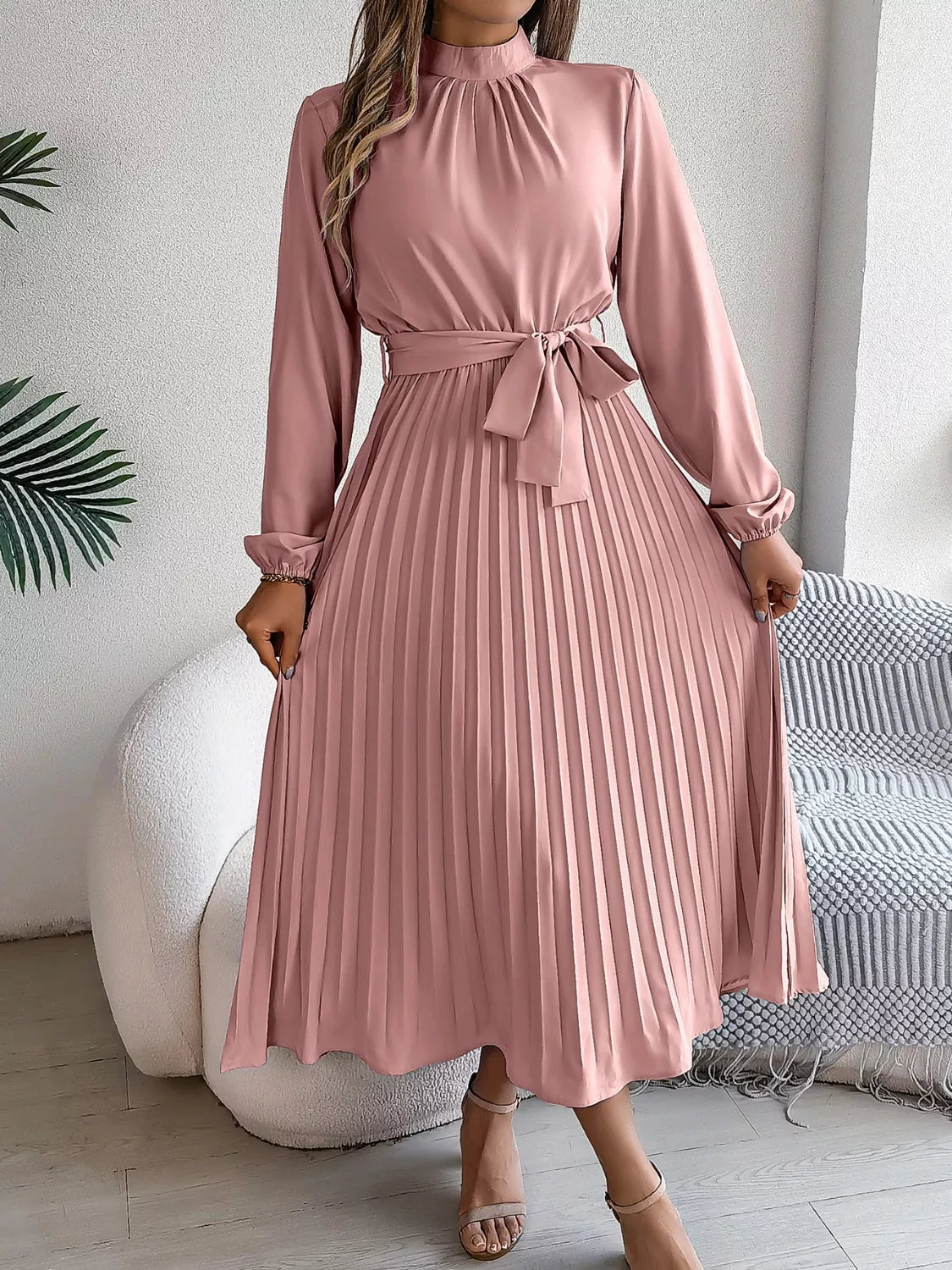 Mock Neck Pleated Midi Dress Dusty Pink